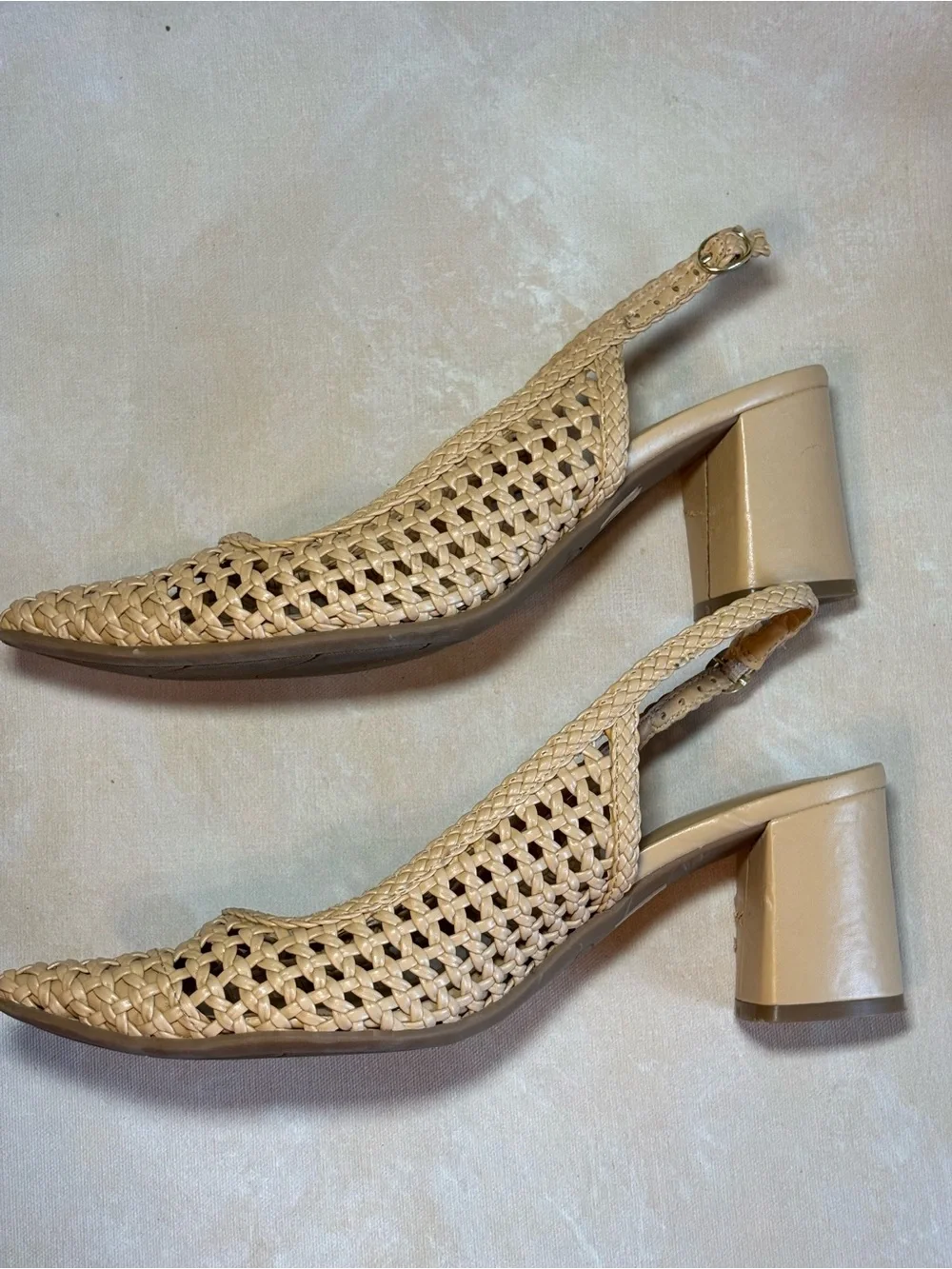 Nine West Women's Tan Nude Bamboo Woven Slingback Pumps, size 9.5